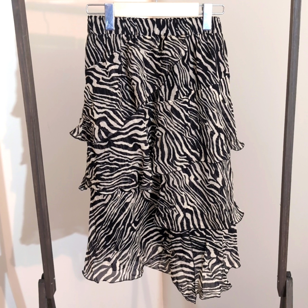 Set| Black and Off White Zebra Print Ruffle Layered Midi Skirt With Slip